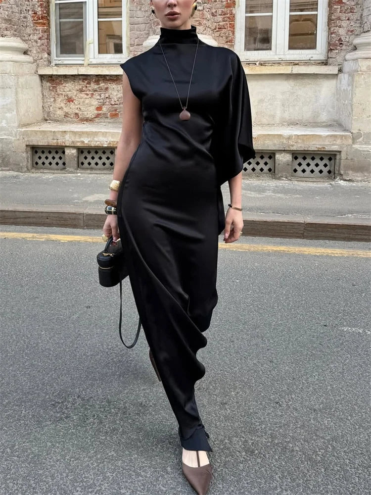 Sleeveless Satin Turtleneck Maxi Dress