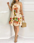 Women's Floral Print Halter Neck Boho Dress Backless Spring Summer Casual Elegant Gown for Party And Wedding