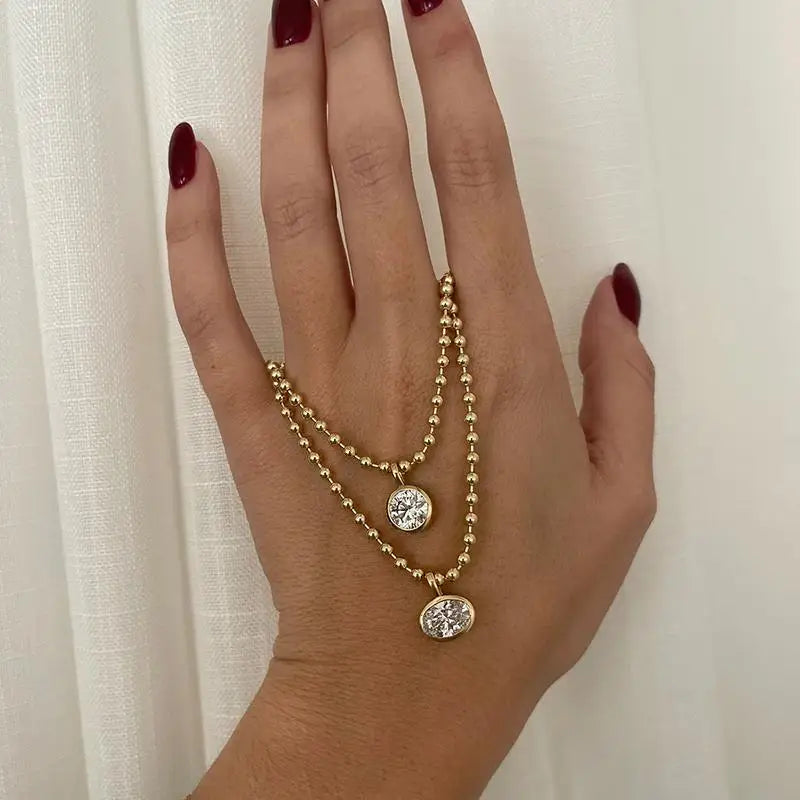 Women's Geometric White Zircon Pendant Bead Chain Necklace Gold Color Plated Stainless Steel Simple Daily Jewelry Gift