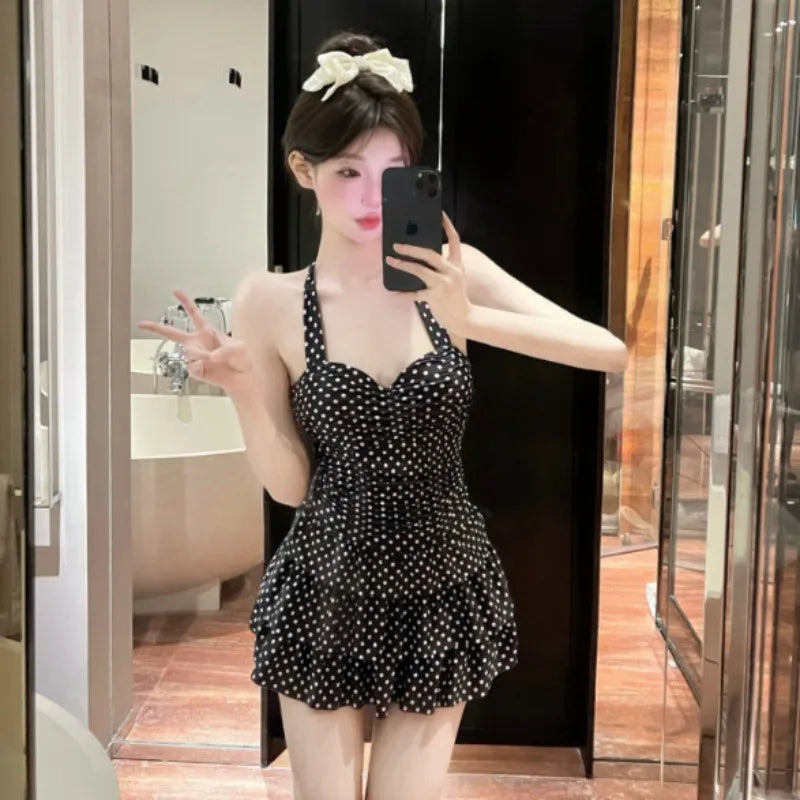 Sweet Beige Polka Dot Halter Neck One Piece Swimsuit with Ruched Bodice Tiered Ruffle Skirt Modest Swimwear for Beach Pool