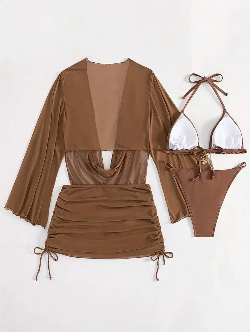 4pcs Sexy Solid Color Bikini Set With Sheer Cover-Up, Suitable For Vacation, Beach Party, Perfect For New Year And Valentine's