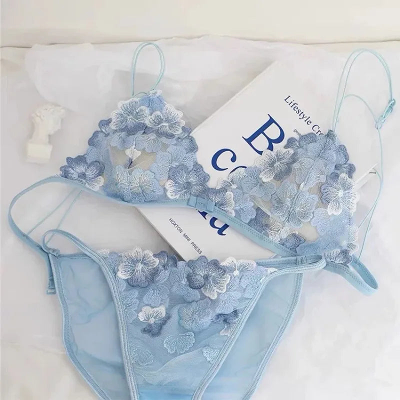 Elegant Hollow Out Lace Bra & Panty Set No Underwire Sheer French Triangle Cup Bralette Invisible Under T-shirt Women Underwear
