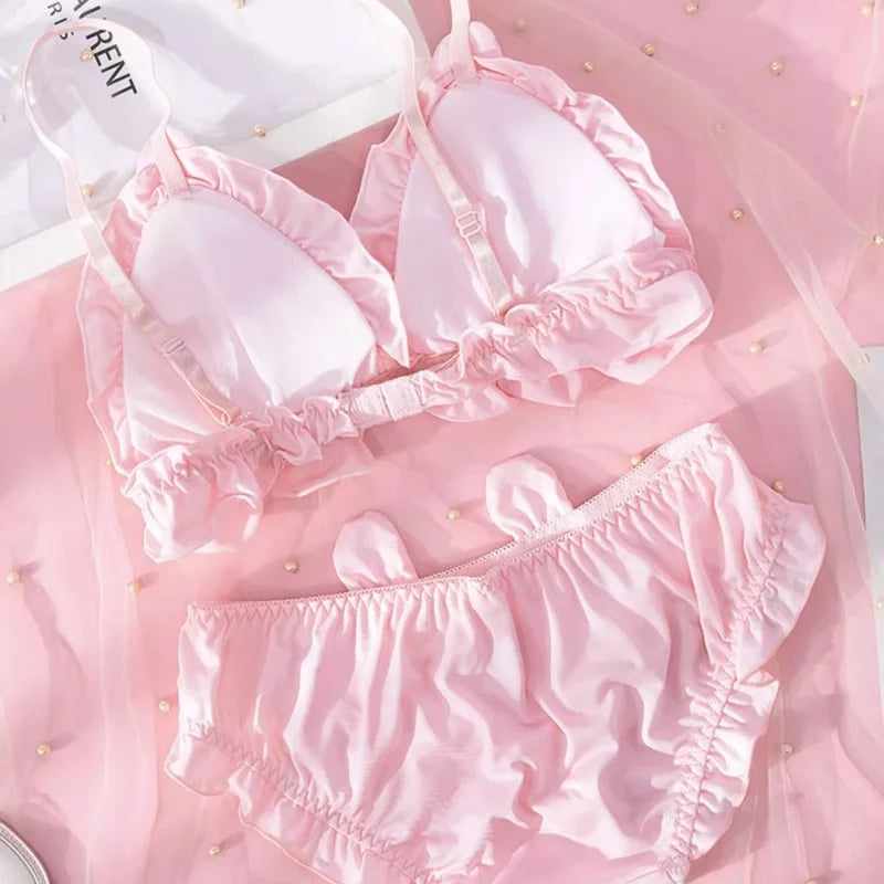 Underwear Female Girls Rabbit Ears Cute Japanese Students Bra Without Steel Ring Comfortable Soft Girl Cute Underwear Bra Set