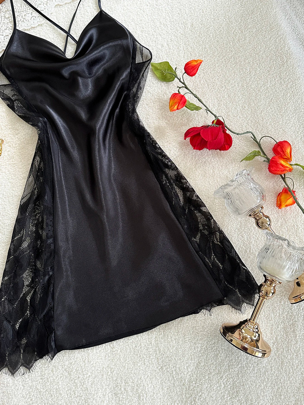 Women's Piled Up Collar Slip Nightdress Lace Patchwork Crisscross Back Pajamas Elegant Spaghetti Strap Sleep Dress