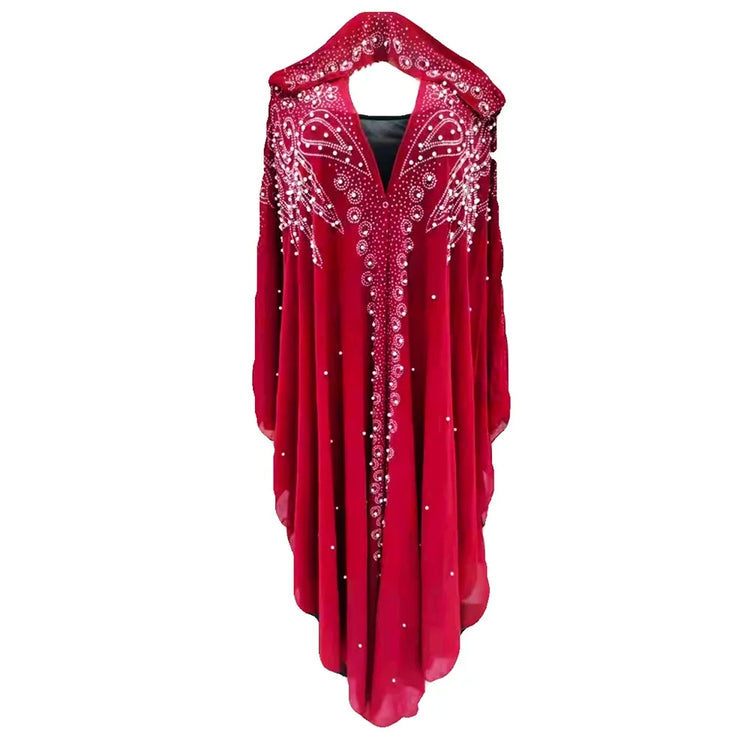 Moroccan Hooded Abaya featuring a stylish design with wide batwing sleeves and a flowing maxi silhouette.