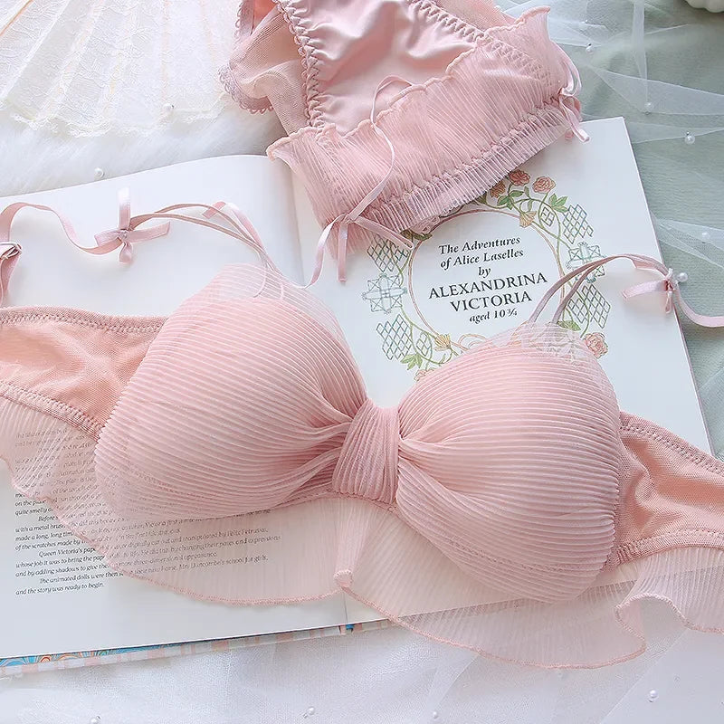 Kawaii Lolita Bralette Set 3D Bow Bra & Panty  Wire Free Push Up for Small Chest Adjustable Straps Free Lace Gift
