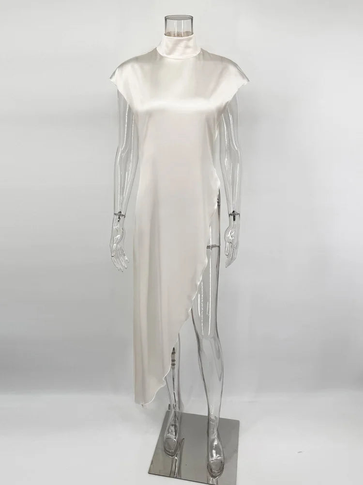 Sleeveless Satin Turtleneck Maxi Dress