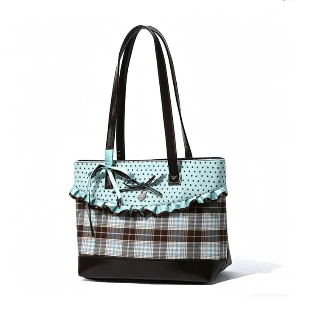Mint Green Canvas Tote Bag Plaid Pattern Polka Dot Design Handbag Shoulder Bag Chocolate Color Bow Lace Plaid Tote Bag