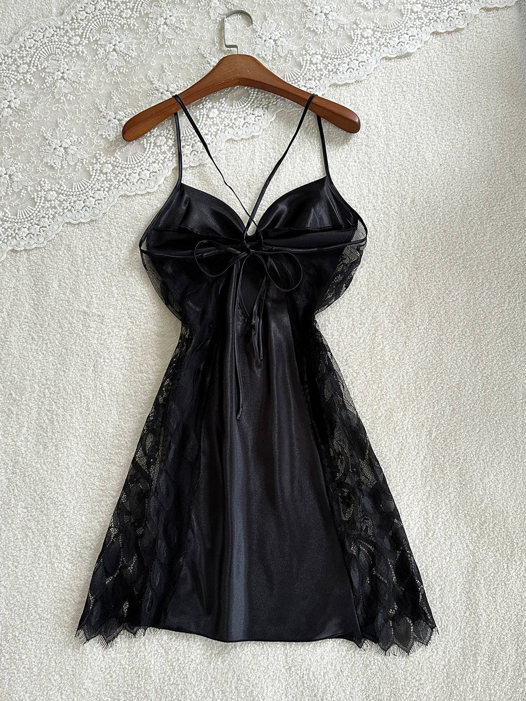 Women's Piled Up Collar Slip Nightdress Lace Patchwork Crisscross Back Pajamas Elegant Spaghetti Strap Sleep Dress