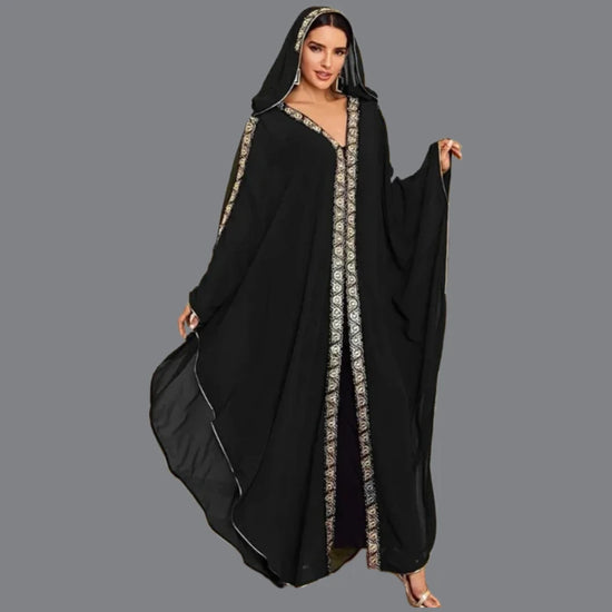 Moroccan Hooded Abaya featuring a stylish design with wide batwing sleeves and a flowing maxi silhouette.