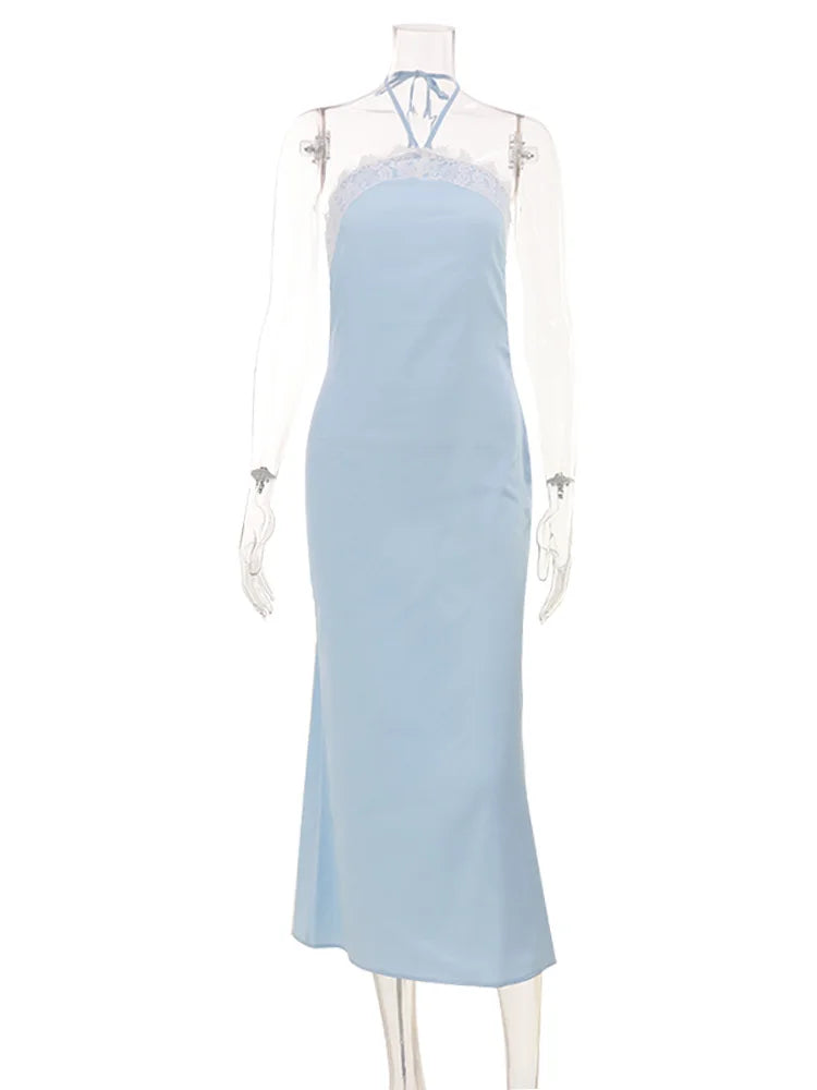 Blue Lace Midi Dress lace detailing