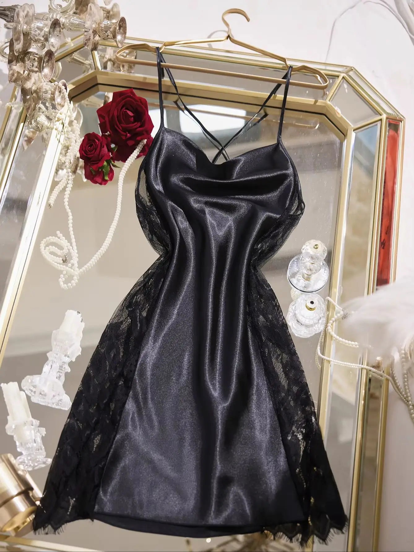 Women's Piled Up Collar Slip Nightdress Lace Patchwork Crisscross Back Pajamas Elegant Spaghetti Strap Sleep Dress