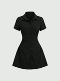 V-Neck Bubble Sleeve Pleated A-Line Mini Dress