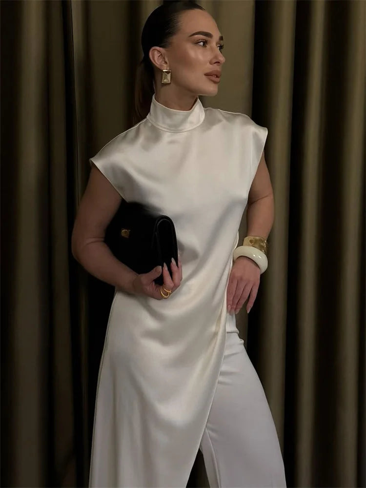 Sleeveless Satin Turtleneck Maxi Dress