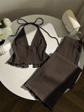 Women's Textured Neckline Top And Wide Leg Pants Set Deep V-Neck Design Front Tie Detail Elastic Waist Design 2-Piece Outfit