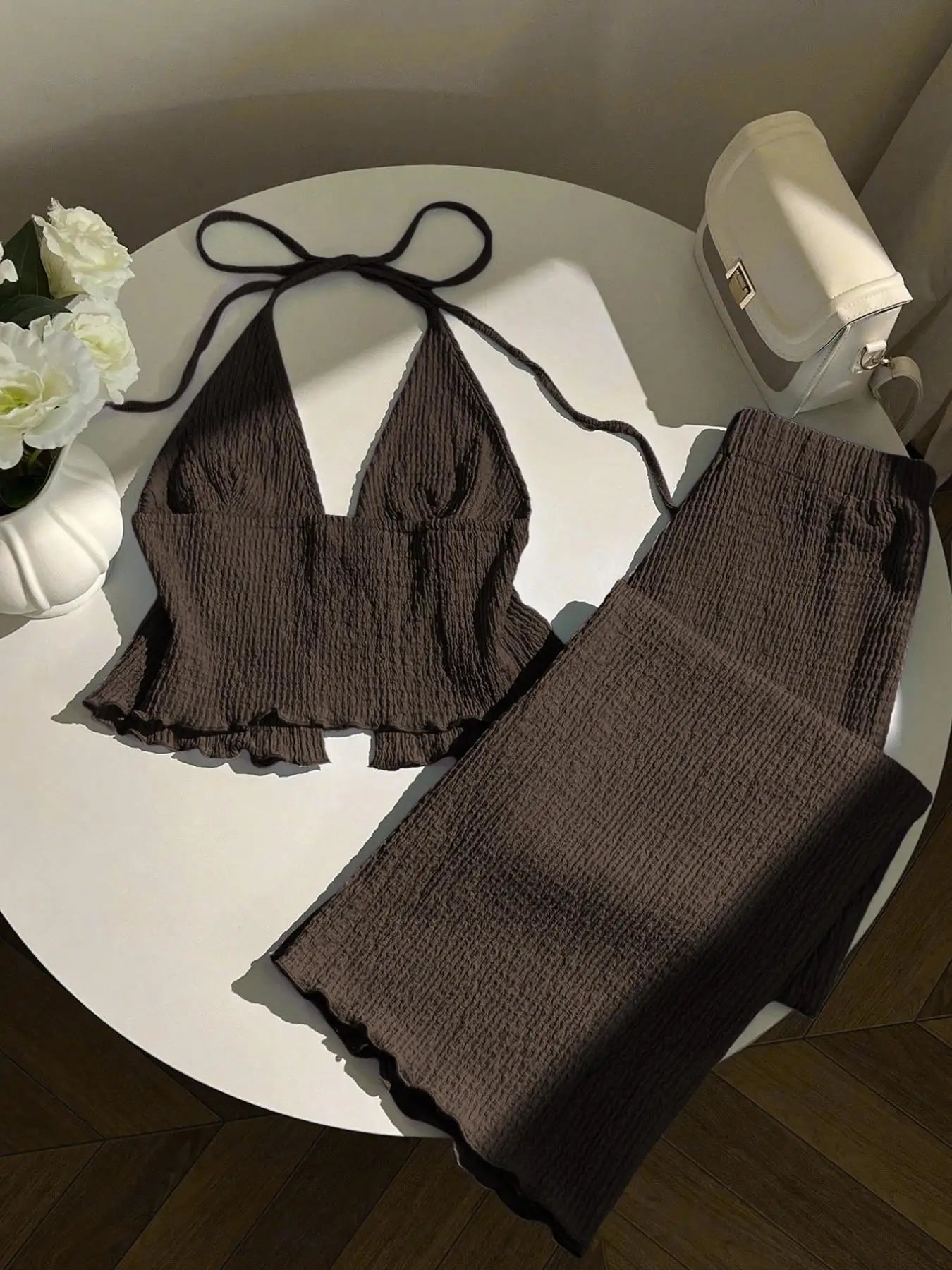 Women's Textured Neckline Top And Wide Leg Pants Set Deep V-Neck Design Front Tie Detail Elastic Waist Design 2-Piece Outfit