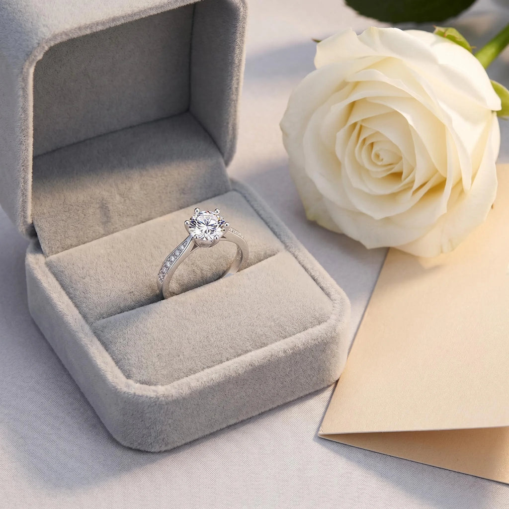 Moissanite Engagement Ring – 18K White Gold Plated Sterling Silver