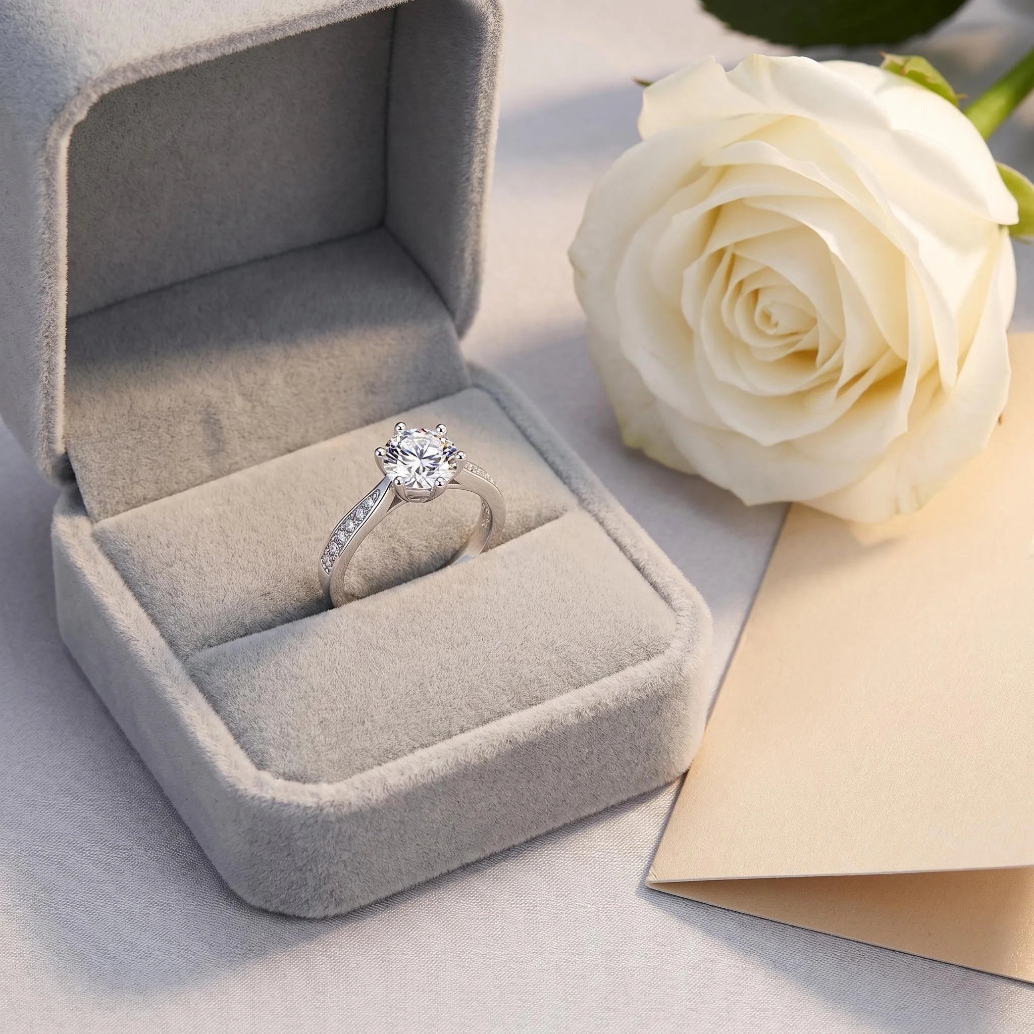 Moissanite Engagement Ring – 18K White Gold Plated Sterling Silver