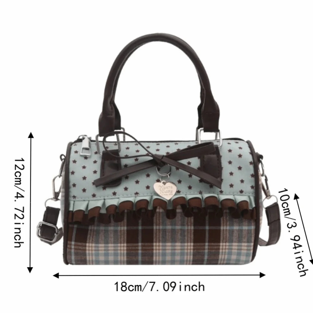 Mint Green Canvas Tote Bag Plaid Pattern Polka Dot Design Handbag Shoulder Bag Chocolate Color Bow Lace Plaid Tote Bag