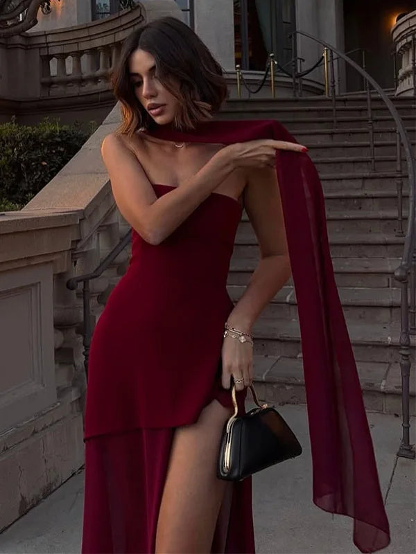 Elegant Women's Strapless Ribbon Long Dress Mesh Maxi Dresses Summer Evening Party Wedding Guest White Yellow Burgundy Brown New