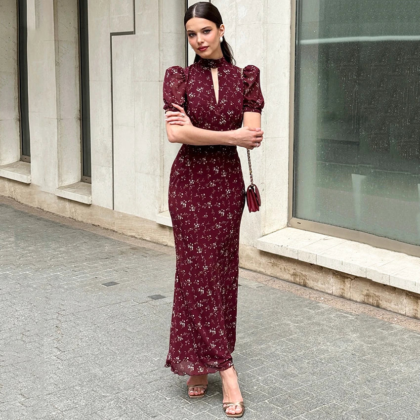 Linad Spring Elegant Print Long Dress Vintage High Waist Puff Sleeve Dresses Lady Casual Chiffon Turtleneck Dress For Women 2026