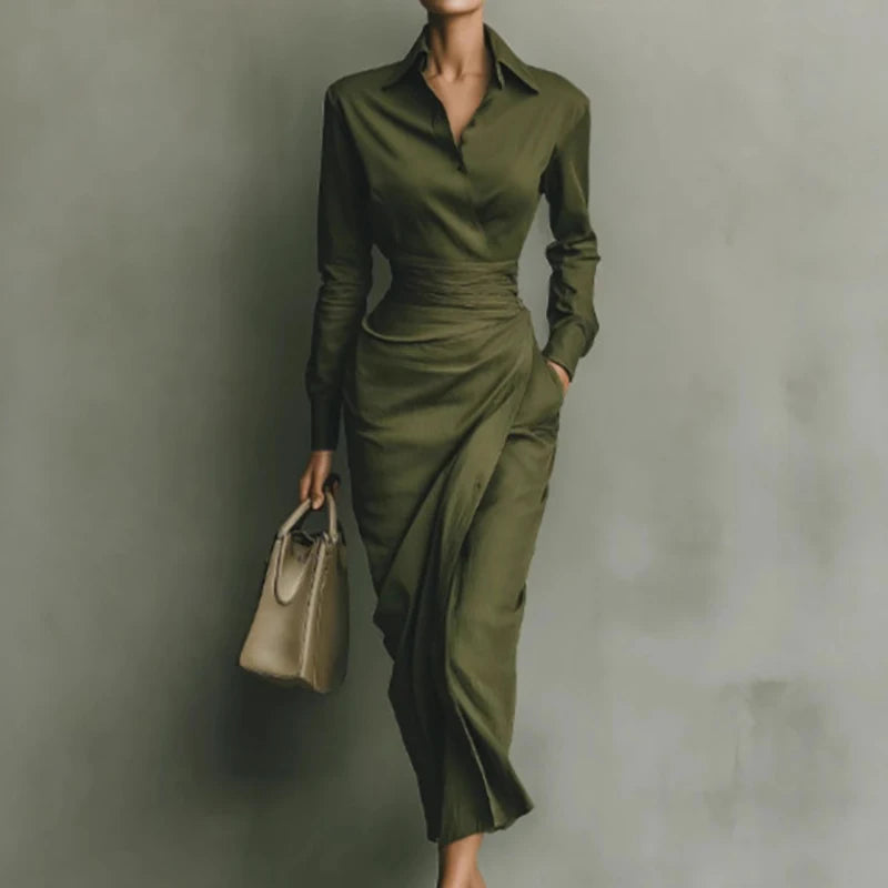 Spring Autumn Turn-Down Collar Chic Maxi Dress, Women Holiday Long Sleeve Simple Party Dress, 2025 Elegant Button Ladies Dress