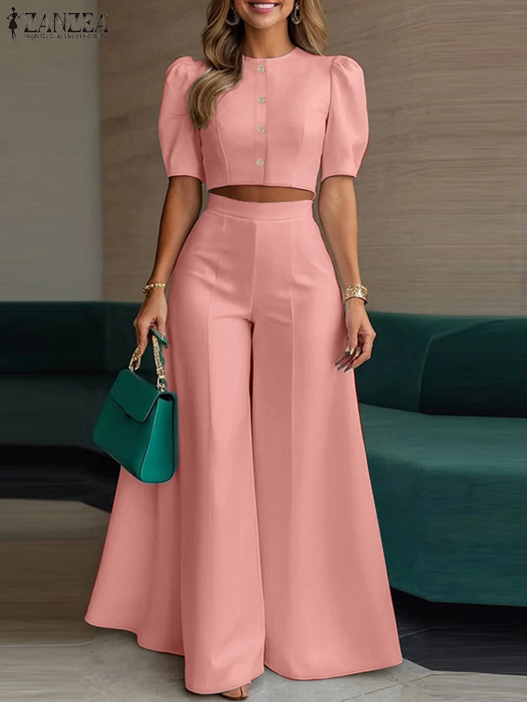 Women's 2-Piece Blouse & Wide-Leg Pants Set – Office Wear