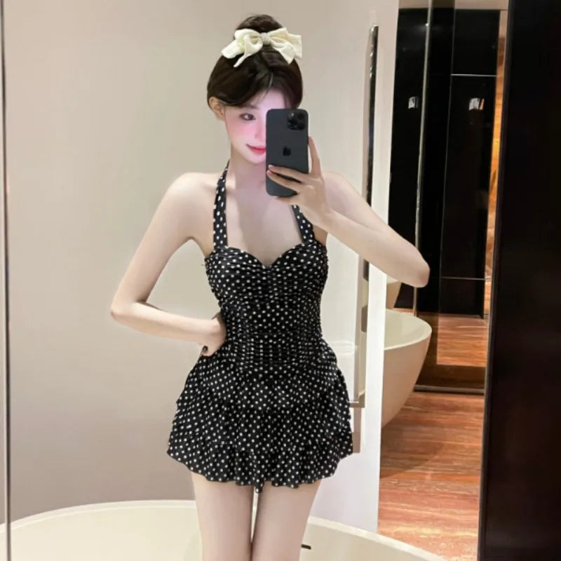 Sweet Beige Polka Dot Halter Neck One Piece Swimsuit with Ruched Bodice Tiered Ruffle Skirt Modest Swimwear for Beach Pool