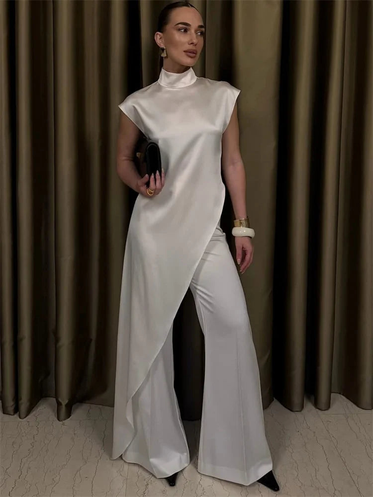 Sleeveless Satin Turtleneck Maxi Dress