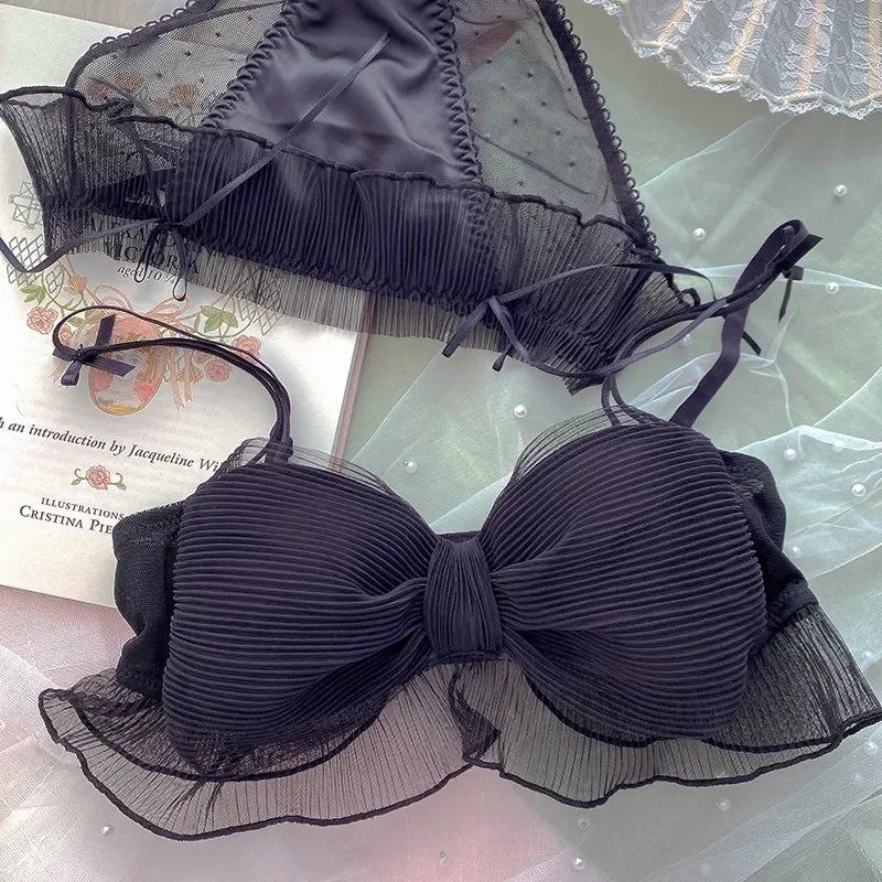 Kawaii Lolita Bralette Set 3D Bow Bra & Panty  Wire Free Push Up for Small Chest Adjustable Straps Free Lace Gift