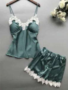New European and American multi-color multi-size deep V waist lace suspender and lace shorts loungewear two-piece set