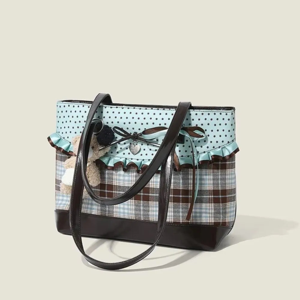 Mint Green Canvas Tote Bag Plaid Pattern Polka Dot Design Handbag Shoulder Bag Chocolate Color Bow Lace Plaid Tote Bag