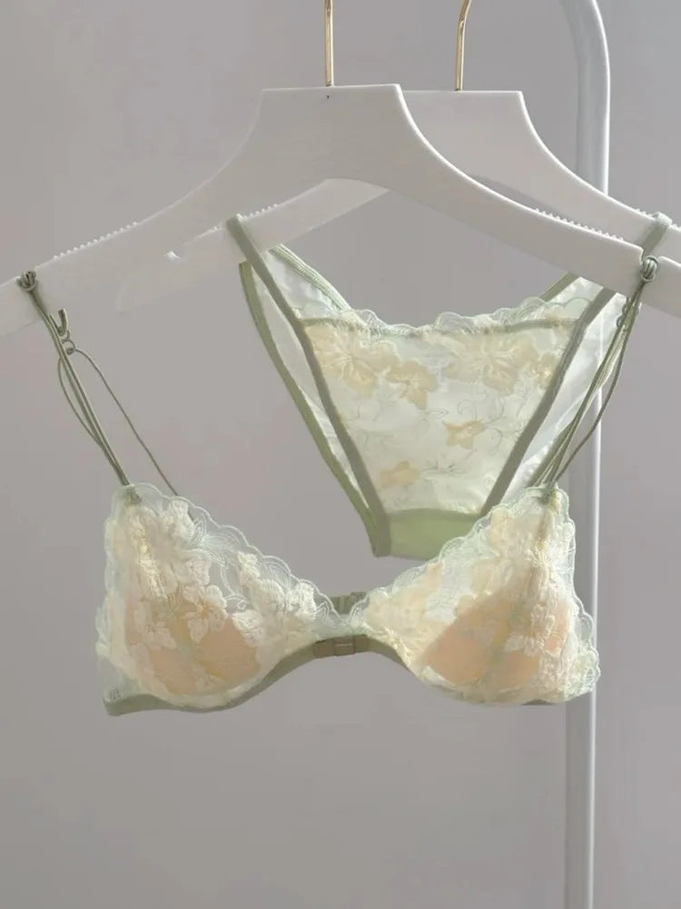 Elegant Hollow Out Lace Bra & Panty Set No Underwire Sheer French Triangle Cup Bralette Invisible Under T-shirt Women Underwear