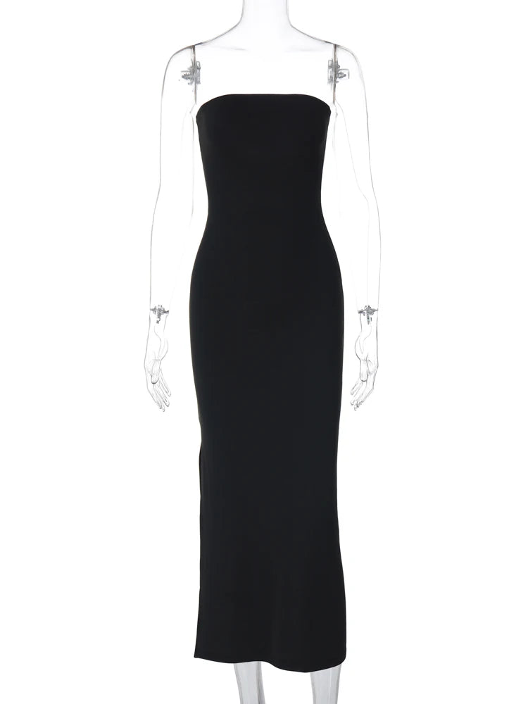 Hugcitar Black Strapless Long Sleeve Sexy Bodycon Maxi Prom Dress 2024 Fall Winter Elegant Women Outfit Evening Party Festival