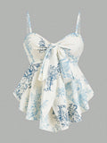 Women's Elegant Cami Top, Striped Printed Fabric, Bow Neck & Front Tie Waist, Slim Sleeveless Camisole. Versatile for Spring & S