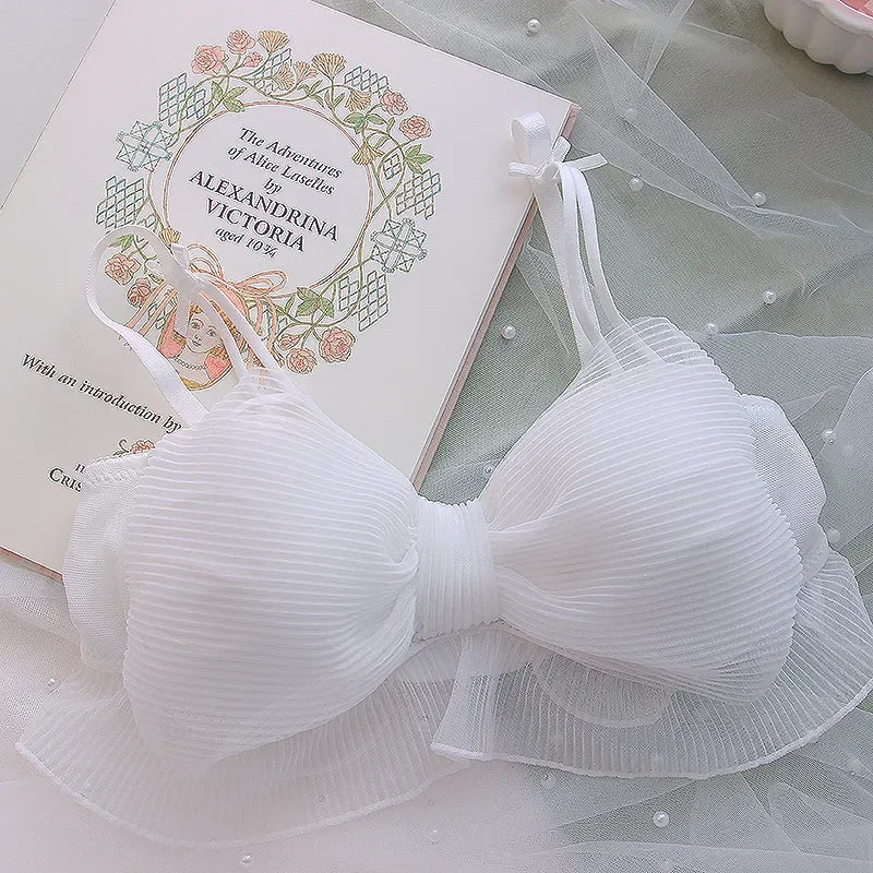 Kawaii Lolita Bralette Set 3D Bow Bra & Panty  Wire Free Push Up for Small Chest Adjustable Straps Free Lace Gift