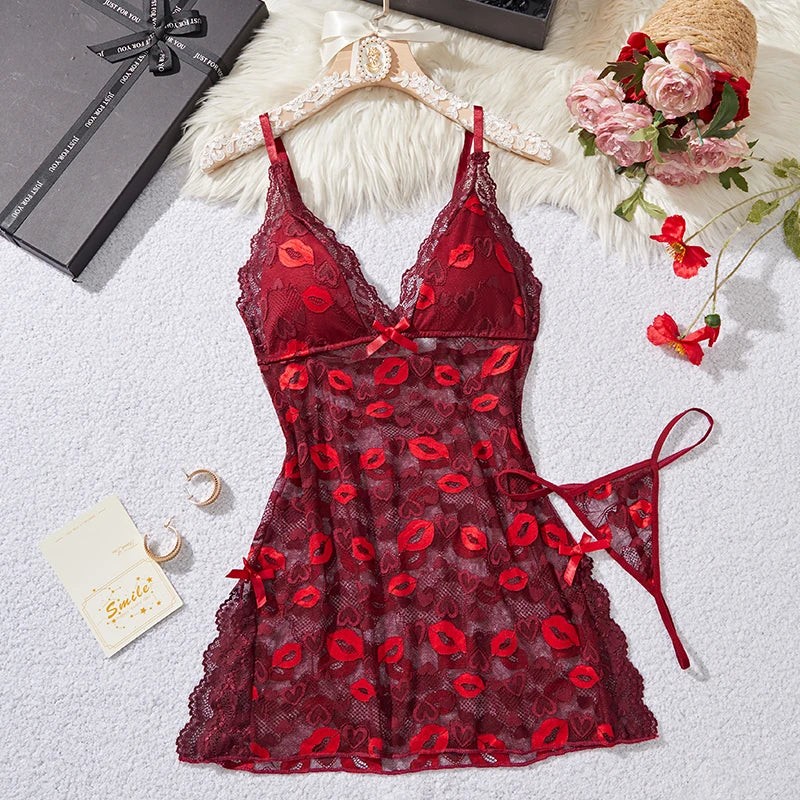Women's Lace Suspender Sleeping Dress Underwear Nightdress Set
