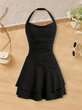 2026 Girls' Fashionable Dress with Waist Cinching and Slimming Effect, Backless Cross Tie Dress, Children's Clothing 1