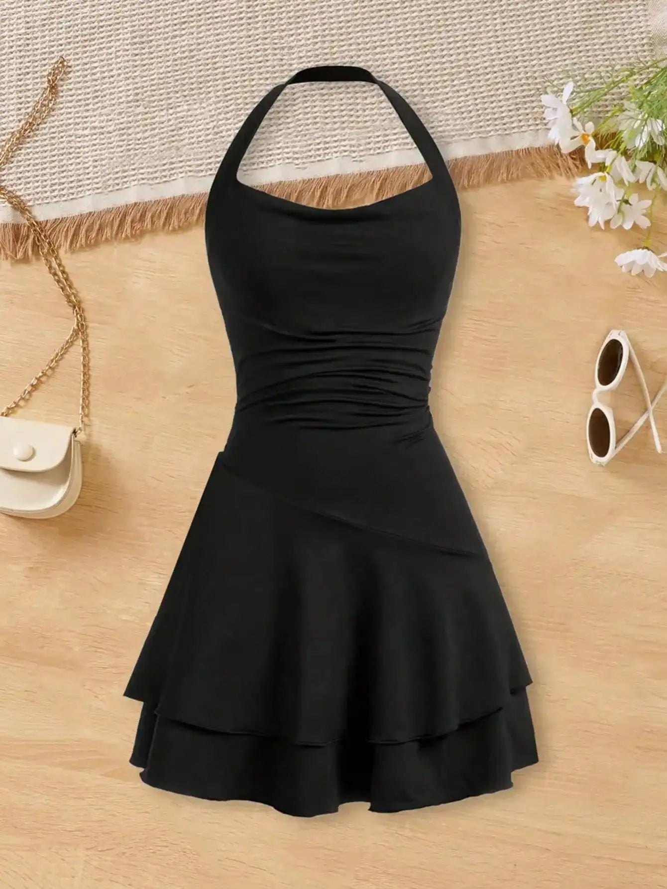 2026 Girls' Fashionable Dress with Waist Cinching and Slimming Effect, Backless Cross Tie Dress, Children's Clothing 1