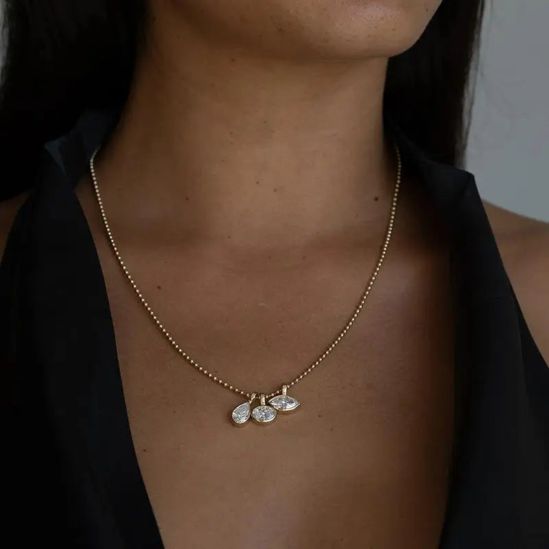Women's Geometric White Zircon Pendant Bead Chain Necklace Gold Color Plated Stainless Steel Simple Daily Jewelry Gift