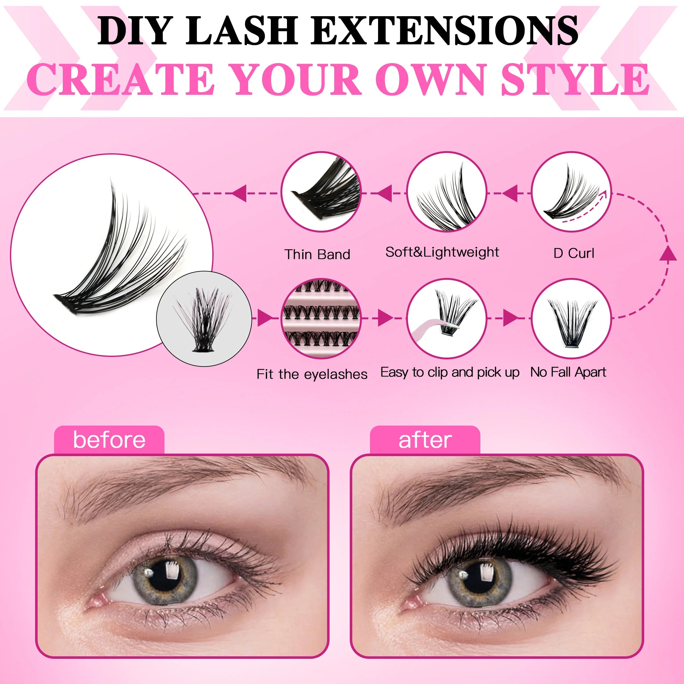 LASHVNNA Lash Clusters Kit With Waterproof Strong Hold DIY Lash Extension Kit Lash Bond And Seal And Eyelash Tweezers Makeup
