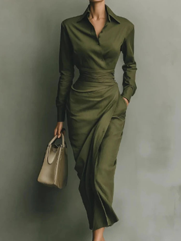 Spring Autumn Turn-Down Collar Chic Maxi Dress, Women Holiday Long Sleeve Simple Party Dress, 2025 Elegant Button Ladies Dress