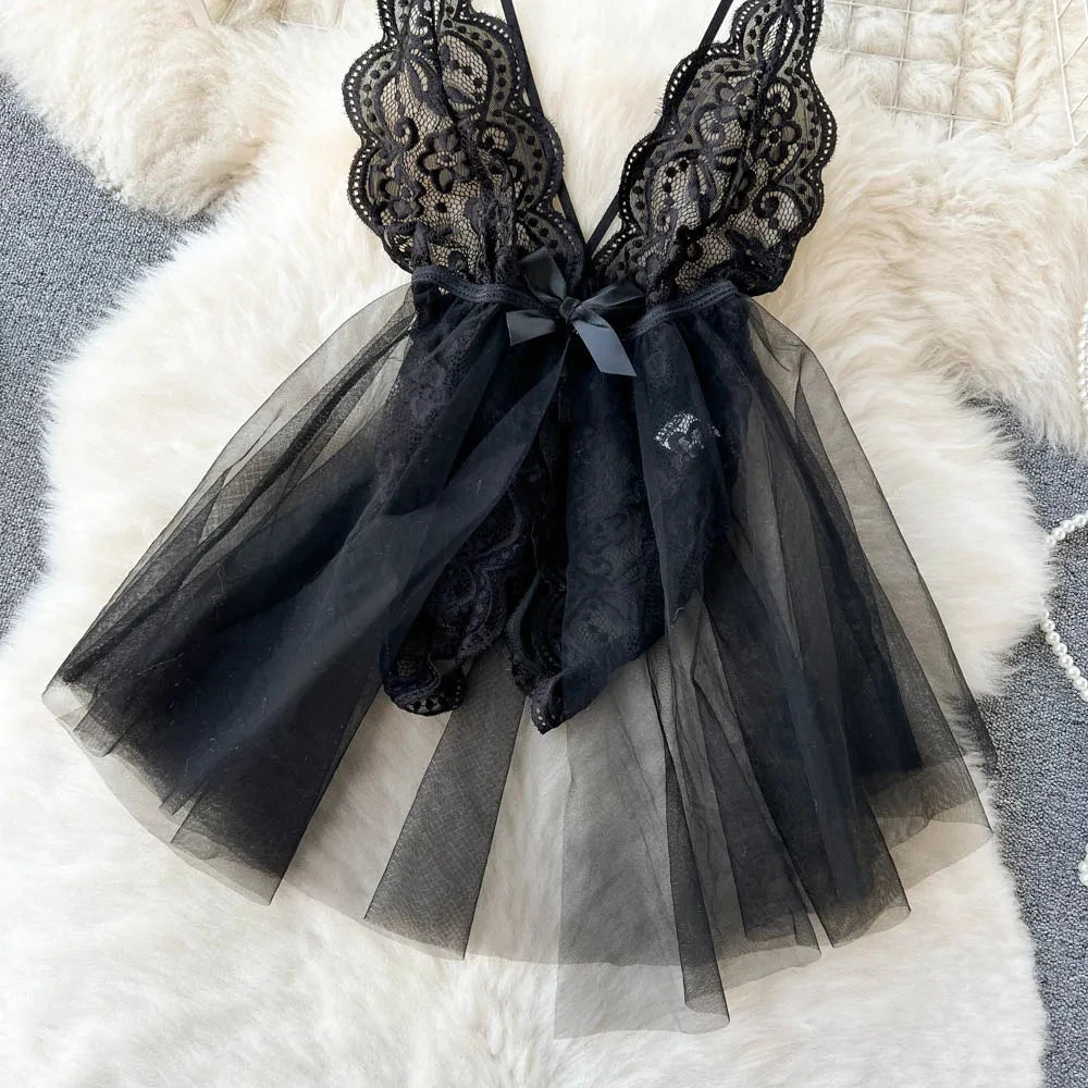Women Sensual Lace Dress Women V-Neck Open crotch Slim Comfortable Dress Fashion Breathable Sheer Mesh Short Dress New