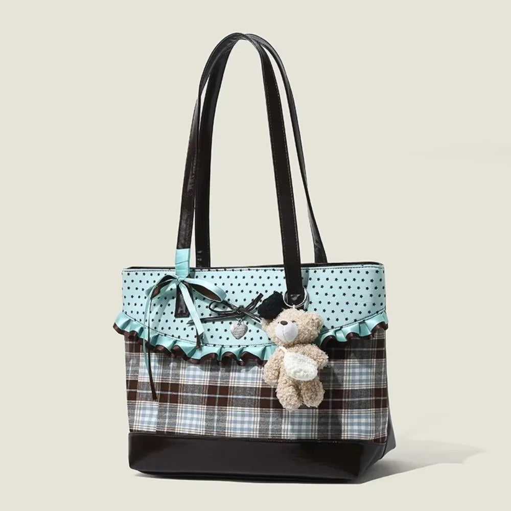 Mint Green Canvas Tote Bag Plaid Pattern Polka Dot Design Handbag Shoulder Bag Chocolate Color Bow Lace Plaid Tote Bag