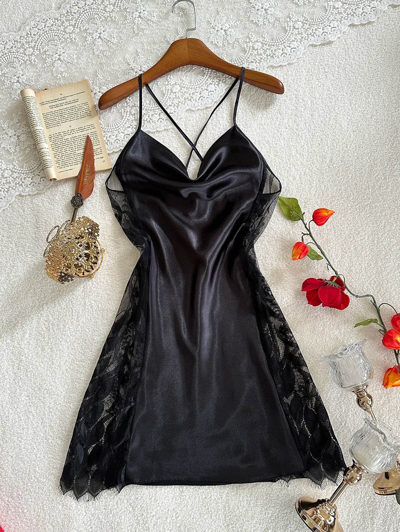 Women's Piled Up Collar Slip Nightdress Lace Patchwork Crisscross Back Pajamas Elegant Spaghetti Strap Sleep Dress