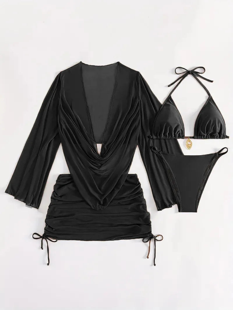 4pcs Sexy Solid Color Bikini Set With Sheer Cover-Up, Suitable For Vacation, Beach Party, Perfect For New Year And Valentine's