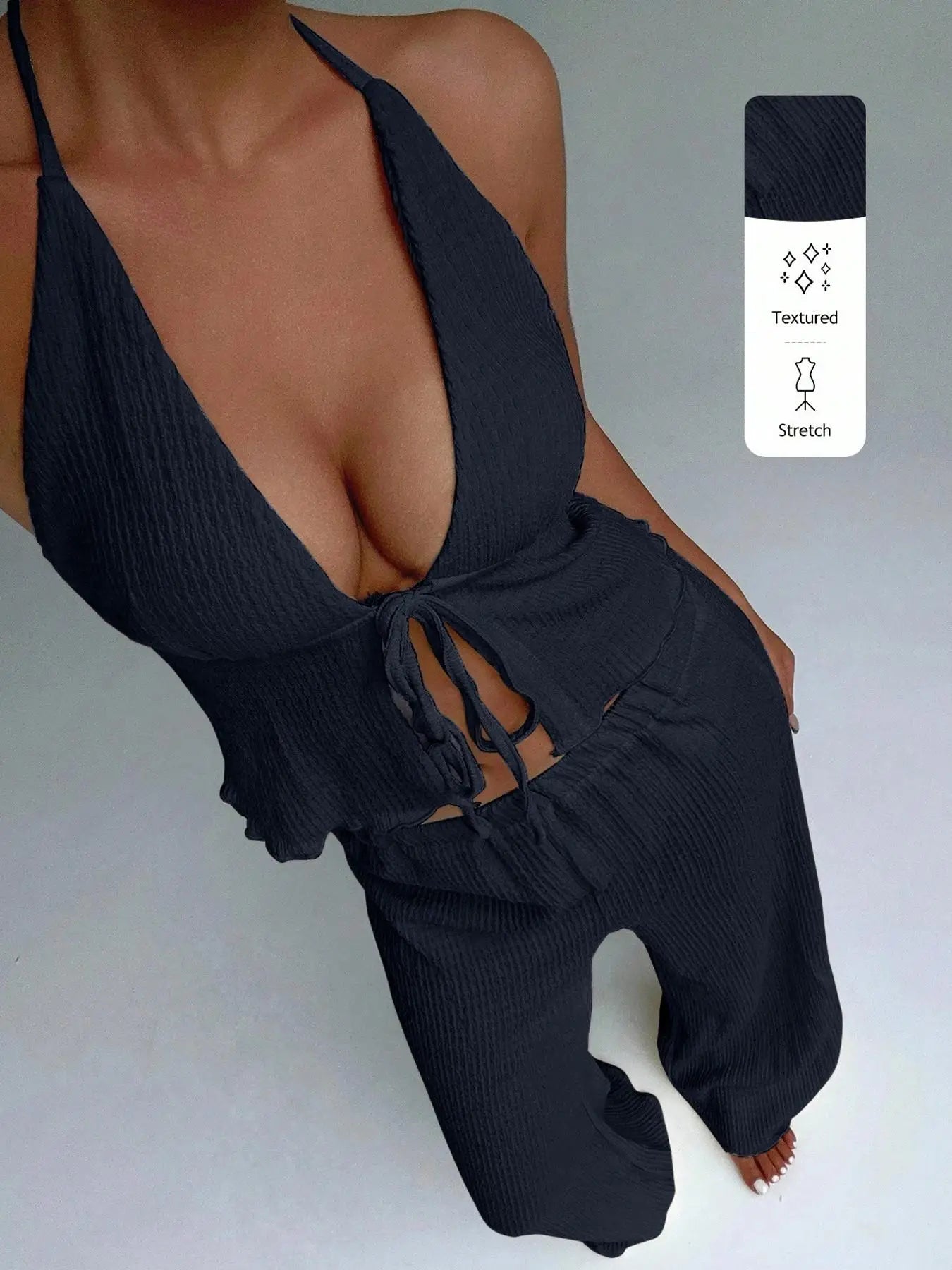 Women's Textured Neckline Top And Wide Leg Pants Set Deep V-Neck Design Front Tie Detail Elastic Waist Design 2-Piece Outfit