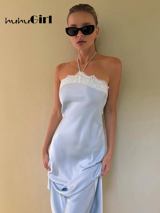 Blue Lace Midi Dress lace detailing